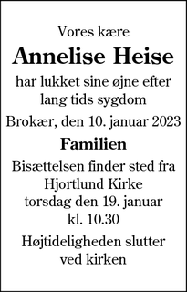 Dødsannoncen for Annelise Heise - Asperup