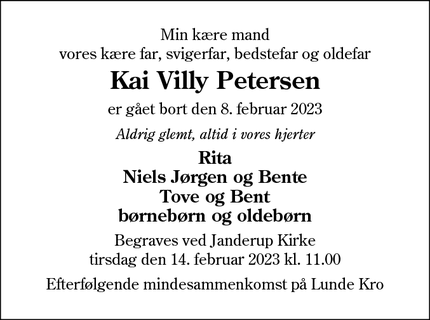 Dødsannoncen for Kai Villy Petersen - Janderup Vestj.