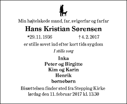 Dødsannoncen for Hans Kristian Sørensen - Stepping