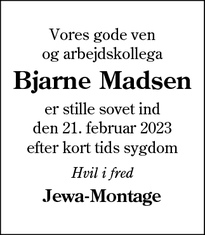 Dødsannoncen for Bjarne Madsen - Nordborg