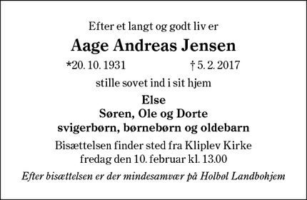 Dødsannoncen for Aage Andreas Jensen - Søgård