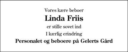 Dødsannoncen for Linda Friis - Sønderborg
