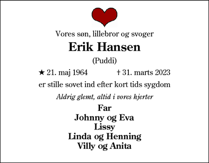 Dødsannoncen for Erik Hansen - Bramming