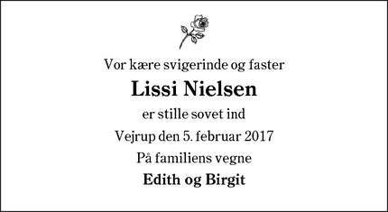 Dødsannoncen for Lissi Nielsen - Vejrup