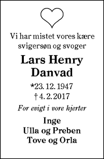 Dødsannoncen for Lars Henry Danvad - Agerskov
