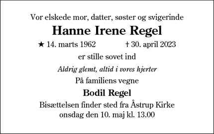 Dødsannoncen for Hanne Irene Regel - Brørup