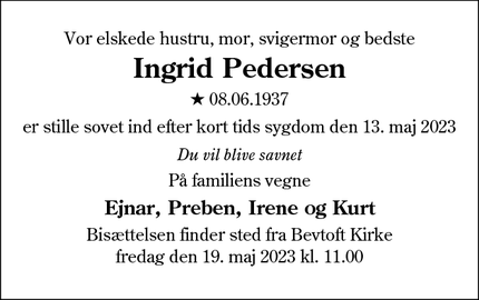 Dødsannoncen for Ingrid Pedersen - 6541 Bevtoft