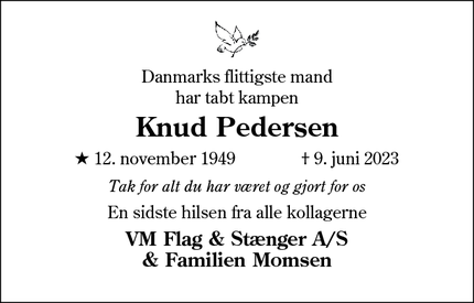 Dødsannoncen for Knud Pedersen - Brørup