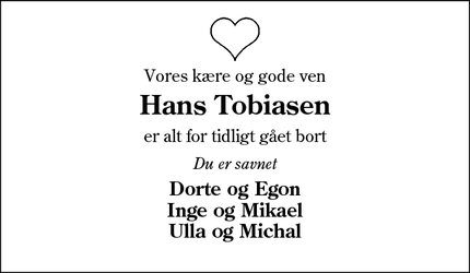 Dødsannoncen for Hans Tobiasen - Ribe