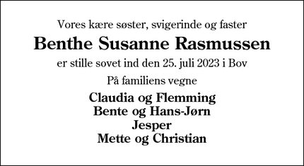 Dødsannoncen for Benthe Susanne Rasmussen - 6330 Padborg