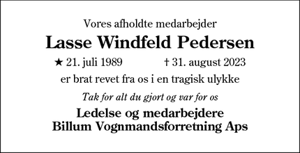 Dødsannoncen for Lasse Windfeld Pedersen - 6800 Horne
