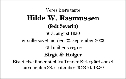 Dødsannoncen for Hilde W. Rasmussen - Tønder