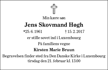 Dødsannoncen for Jens Skovmand Høgh - Luxembourg
