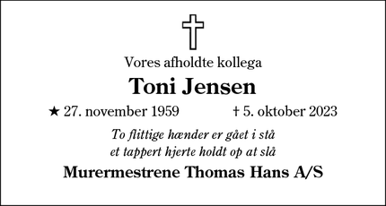 Dødsannoncen for Toni Jensen - Bevtoft