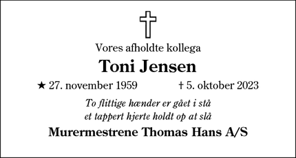Dødsannoncen for Toni Jensen - Bevtoft