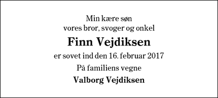 Dødsannoncen for Finn Vejdiksen - Lindved