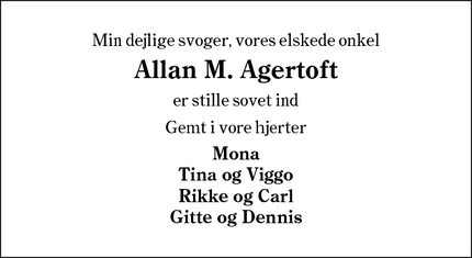 Dødsannoncen for Allan M. Agertoft - 6360 Tinglev