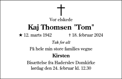 Dødsannoncen for Kaj Thomsen "Tom" - Haderslev