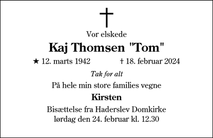 Dødsannoncen for Kaj Thomsen "Tom" - Haderslev