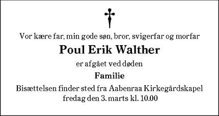 Dødsannoncen for Poul Erik Walther - Aabenraa