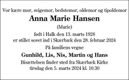 Dødsannoncen for Anna Marie Hansen - Tønder