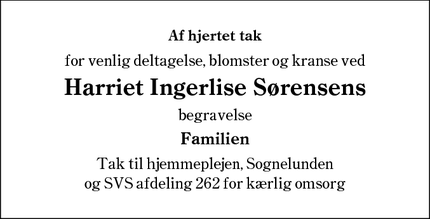 Taksigelsen for Harriet Ingerlise Sørensens - Agerbæk
