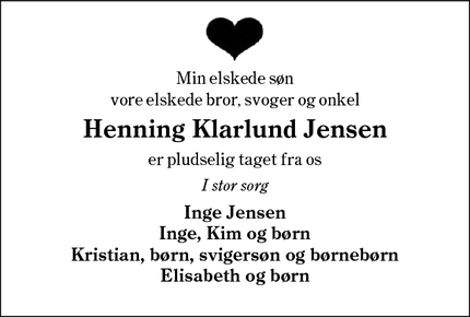 Dødsannoncen for Henning Klarlund Jensen - Vojens