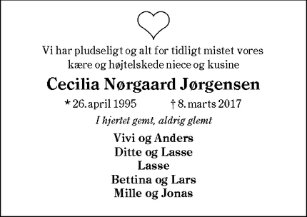 Dødsannoncen for Cecilia Nørgaard Jørgensen - Nørre Vejrup