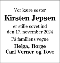 Dødsannoncen for Kirsten Jepsen - Ribe