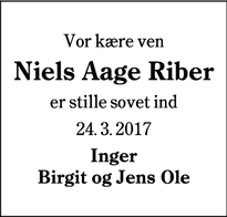 Dødsannoncen for Niels Aage Riber - Varde
