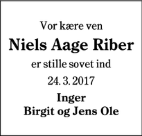 Dødsannoncen for Niels Aage Riber - Varde