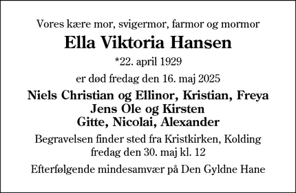 Dødsannoncen for Ella Viktoria Hansen - Viby J