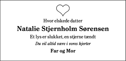 Dødsannoncen for Natalie Stjernholm Sørensen - Aabenraa