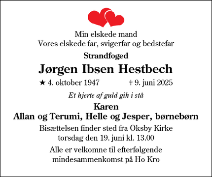 Dødsannoncen for Jørgen Ibsen Hestbech - Blåvand