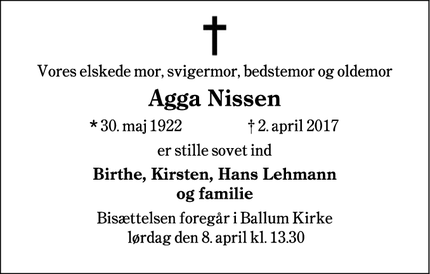 Dødsannoncen for Agga Nissen - Skærbæk
