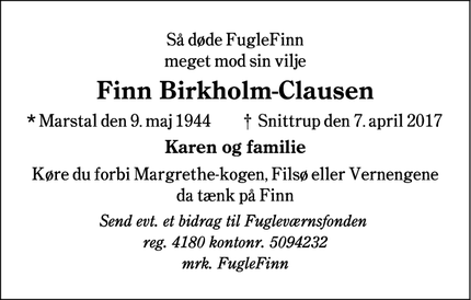 Dødsannoncen for Finn Birkholm-Clausen  - Kvong