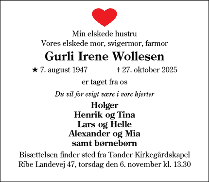 Dødsannoncen for Gurli Irene Wollesen - Tønder