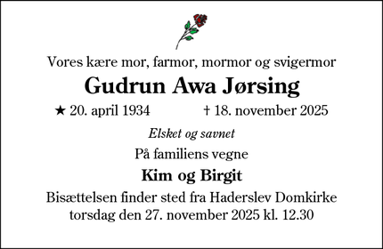 Dødsannoncen for Gudrun Awa J&oslash;rsing - 6100 Haderslev