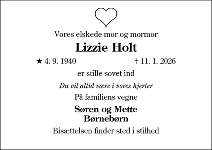 Dødsannoncen for Lizzie Holt - Alslev, Varde
