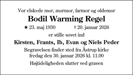 Dødsannoncen for Bodil Warming Regel - Glejbjerg