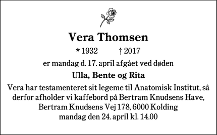 Dødsannoncen for Vera Thomsen - Kolding
