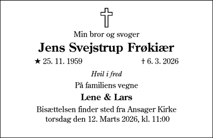 Dødsannoncen for Jens Svejstrup Fr&oslash;ki&aelig;r - Ansager