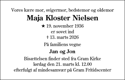 Dødsannoncen for Maja Kloster Nielsen - Ribe