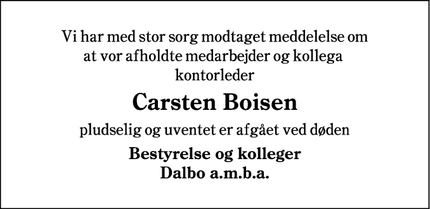 Dødsannoncen for Carsten Boisen - Aabenraa
