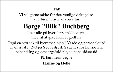 Dødsannoncen for Børge "Blik" Buchberg - 8600 Varde
