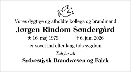 Dødsannoncen for J&oslash;rgen Rindom S&oslash;nderg&aring;rd - Oksbøl
