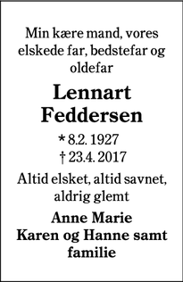 Dødsannoncen for Lennart Feddersen - Nordby