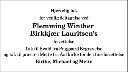 Dødsannoncen for Flemming Winther 
Birkkjær Lauritsen's - Oksbøl