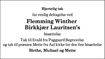 Dødsannoncen for Flemming Winther
Birkkjær Lauritsen's - Oksbøl