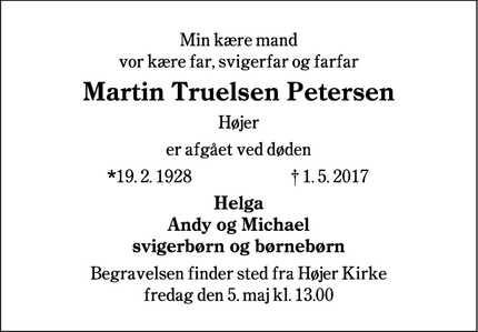 Dødsannoncen for Martin Truelsen Petersen - Højer